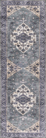 6' Beige Blue And Gray Oriental Distressed Washable Runner Rug