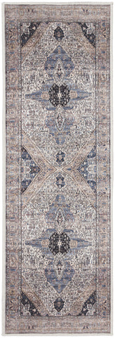 6' Blue And Ivory Oriental Distressed Washable Runner Rug