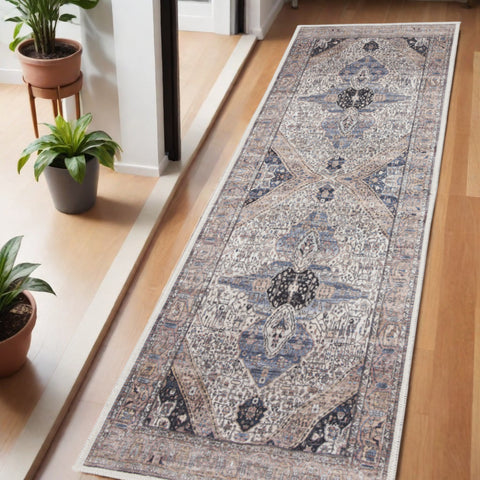6' Blue And Ivory Oriental Distressed Washable Runner Rug