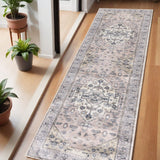 6' Pink And Blue Oriental Distressed Washable Runner Rug