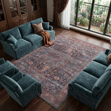 8' X 10' Blue and Red Oriental Power Loom Distressed Washable Non Skid Area Rug