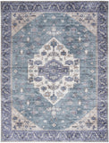 8' X 10' Blue and Green Oriental Power Loom Distressed Washable Non Skid Area Rug