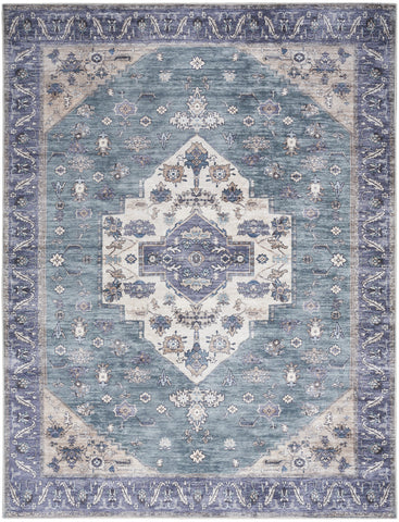 8' X 10' Blue and Green Oriental Power Loom Distressed Washable Non Skid Area Rug