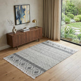 4' X 6' Gray and Ivory Geometric Hand Woven Area Rug With Fringe