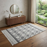 4' X 6' Gray and Ivory Geometric Hand Woven Area Rug With Fringe
