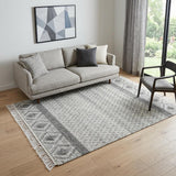 5' X 8' Gray and Ivory Geometric Hand Woven Area Rug With Fringe