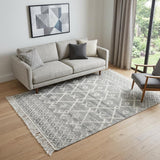 5' X 8' Gray and Ivory Geometric Hand Woven Area Rug With Fringe