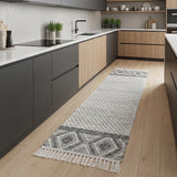 8' Gray and Ivory Geometric Hand Woven Runner Rug With Fringe