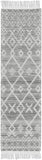 8' Gray and Ivory Geometric Hand Woven Runner Rug With Fringe