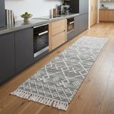 8' Gray and Ivory Geometric Hand Woven Runner Rug With Fringe