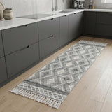 8' Gray and Ivory Geometric Hand Woven Runner Rug With Fringe