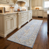 8' Blue and Ivory Oriental Power Loom Distressed Runner Rug With Fringe