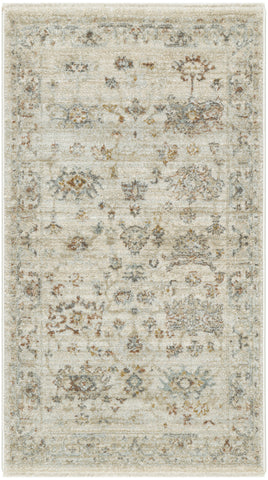 3' X 5' Beige and Blue Oriental Power Loom Distressed Area Rug With Fringe