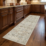 8' Beige and Brown Oriental Power Loom Distressed Runner Rug With Fringe