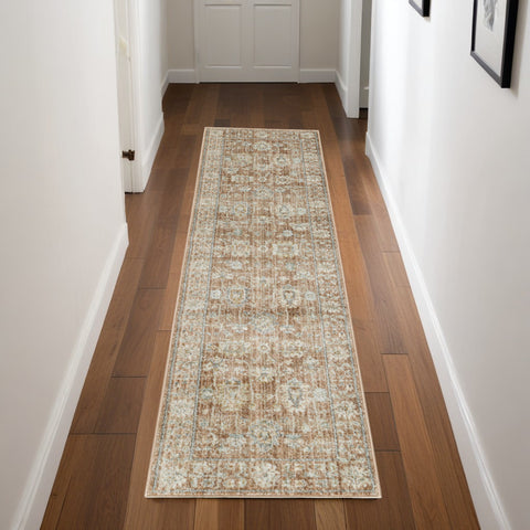 8' Orange And Ivory Oriental Distressed Runner Rug With Fringe