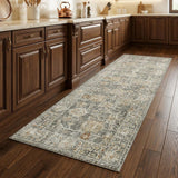 8' Beige Ivory and Gray Oriental Power Loom Distressed Runner Rug With Fringe