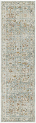 8' Blue And Ivory Oriental Distressed Runner Rug With Fringe