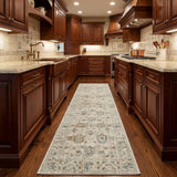 8' Beige and Ivory Oriental Power Loom Distressed Runner Rug With Fringe