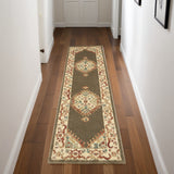 8' Brown And Ivory Floral Medallion Distressed Runner Rug
