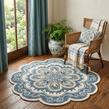 4' Blue Round Wool Floral Hand Tufted Area Rug