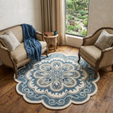 6' X 6' Blue Round Wool Floral Hand Tufted Area Rug