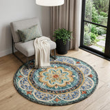 4' Blue Round Wool Floral Hand Tufted Area Rug