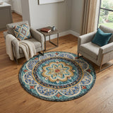 6' X 6' Blue Round Wool Floral Hand Tufted Area Rug