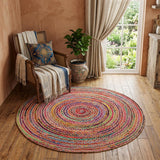 3' Tan Geometric Shag Hand Braided Round Rug