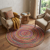 7' Tan Round Geometric Hand Braided Area Rug