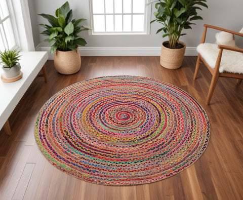 7' Tan Round Geometric Hand Braided Area Rug