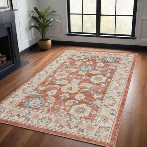 4' X 6' Red and Ivory Oriental Power Loom Area Rug