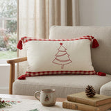 16" X 24" Red and White Christmas Tree Cotton Zippered Pillow With Tassels