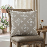 20" Beige and Ivory Throw Pillow with Embroidery