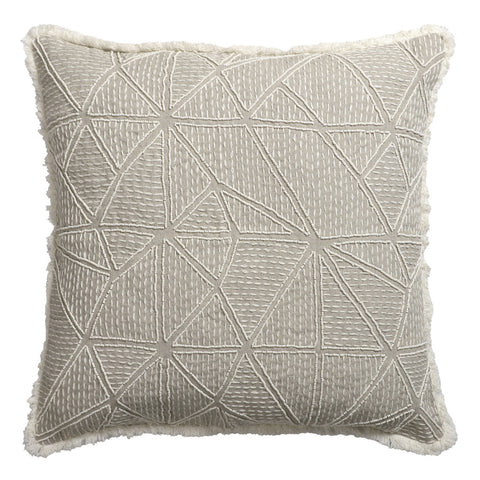 20" Beige and Ivory Throw Pillow with Embroidery and Fringe