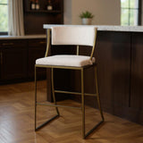 30" Beige And Antiqued Brass Fabric And Steel Low Back Bar Height Bar Chair