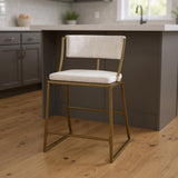 25" Beige And Antiqued Brass Fabric And Steel Low Back Counter Height Bar Chair