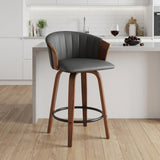 26" Gray And Brown Faux Leather And Fabric And Solid Wood Counter Height Swivel Bar Chair