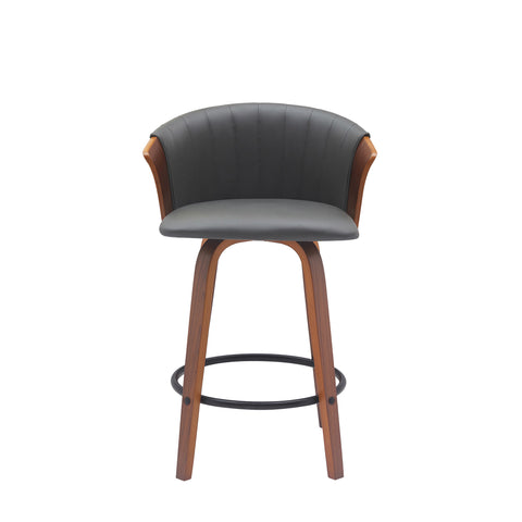 26" Gray and Wood Brown Faux Leather with Solid Wood Swivel Counter Height Bar Chair
