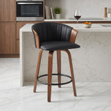 26" Black And Brown Faux Leather And Fabric And Solid Wood Counter Height Swivel Bar Chair