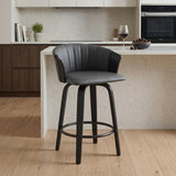 26" Gray And Black Faux Leather And Fabric And Wood Counter Height Swivel Bar Chair
