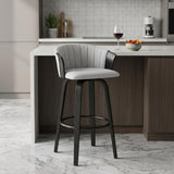26" Light Gray And Black Fabric And Wood Counter Height Swivel Bar Chair