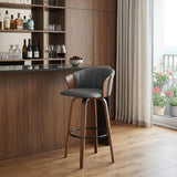 30" Gray And Brown Faux Leather And Fabric And Wood Bar Height Swivel Bar Chair