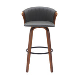 30" Gray And Wood Brown Faux Leather Swivel Bar Height Bar Chair
