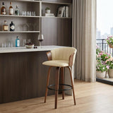 30" Cream And Brown Faux Leather And Fabric And Wood Bar Height Swivel Bar Chair