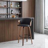 30" Black And Brown Faux Leather And Fabric And Wood Bar Height Swivel Bar Chair
