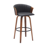 30" Black And Wood Brown Faux Leather Swivel Bar Height Bar Chair