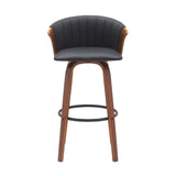 30" Black And Wood Brown Faux Leather Swivel Bar Height Bar Chair
