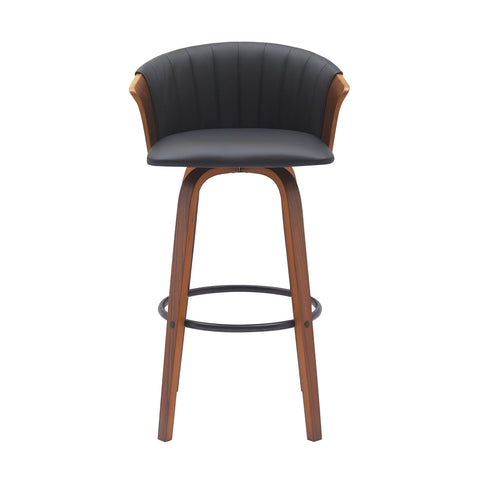30" Black And Wood Brown Faux Leather Swivel Bar Height Bar Chair