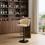 Cream And Black Faux Leather And Fabric And Metal Adjustable Height Swivel Bar Chair
