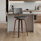 26" Gray And Brown Faux Leather And Fabric And Wood Low Back Counter Height Swivel Bar Chair